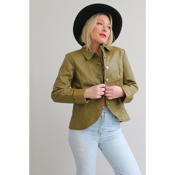 2000's Y2K Peplum Leather Jacket // Women's Size Small to Medium // Pea Green - Picture 10 of 10